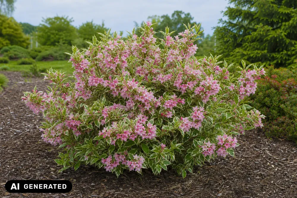 Buntblättrige Weigelie 'Nana Variegata' – Weigela florida 'Nana Variegata', Bild 2