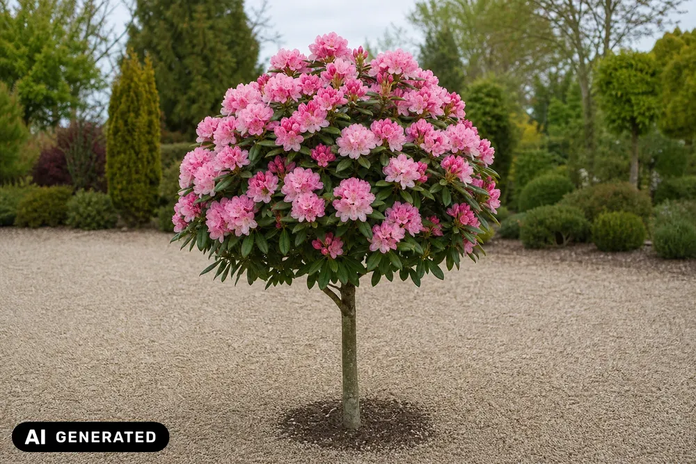 Yakushimanum-Rhododendron 'Clivia' als Stämmchen – Rhododendron yakushimanum 'Clivia'